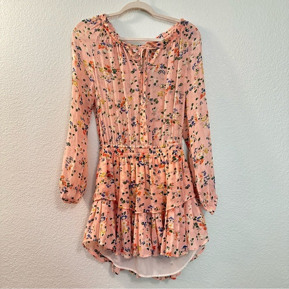 LOVESHACKFANCY Coquette Floral Popover Silk Dress in Sunset Pink Size Medium - Picture 2 of 8